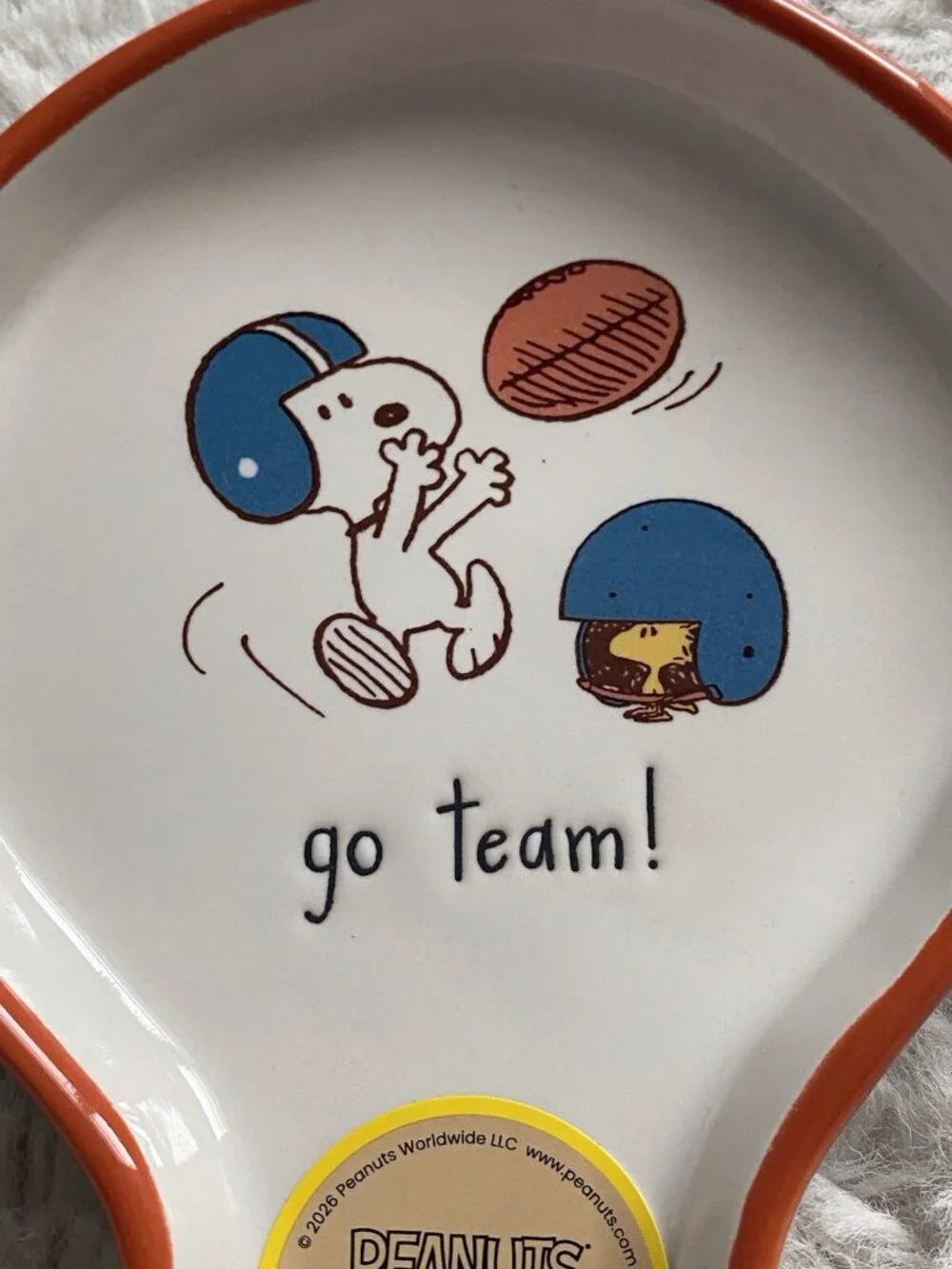 Rae Dunn X Peanuts Snoopy Woodstock Football Go Team Ceramic Spoon Rest NEW